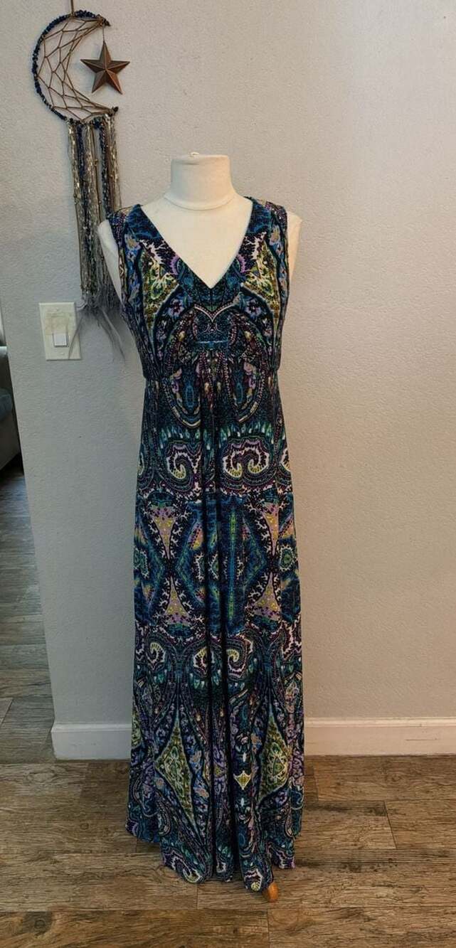 Chico's Shift Long Maxi Dress Stretch Paisley Print Blue Purple Black Beach O
